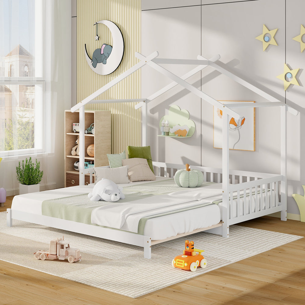Extendable House Bed Twin to King Daybed with Roof and Fence Rails-White - Gallery View 1 of 10