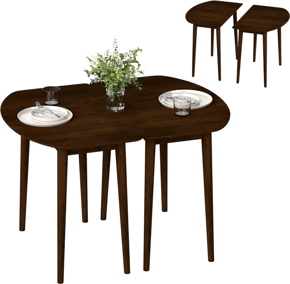 Extendable oval dining table set in walnut with two half-round tables, seats 4-6, perfect for small spaces.