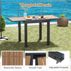 Extendable patio table with wood-like texture, adjustable footpads, and smooth track, perfect for 4-6 people outdoors.