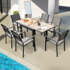Extendable patio table shown in rectangular form, made of rustproof aluminum, accommodating 4-6 people for gatherings.