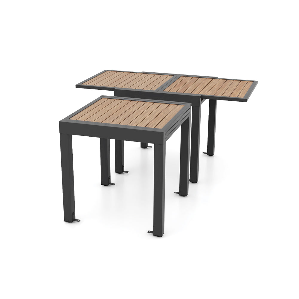 Extendable patio table with a slatted wood-like top, adjustable from 31.5" to 63", for 4-6 people gatherings.