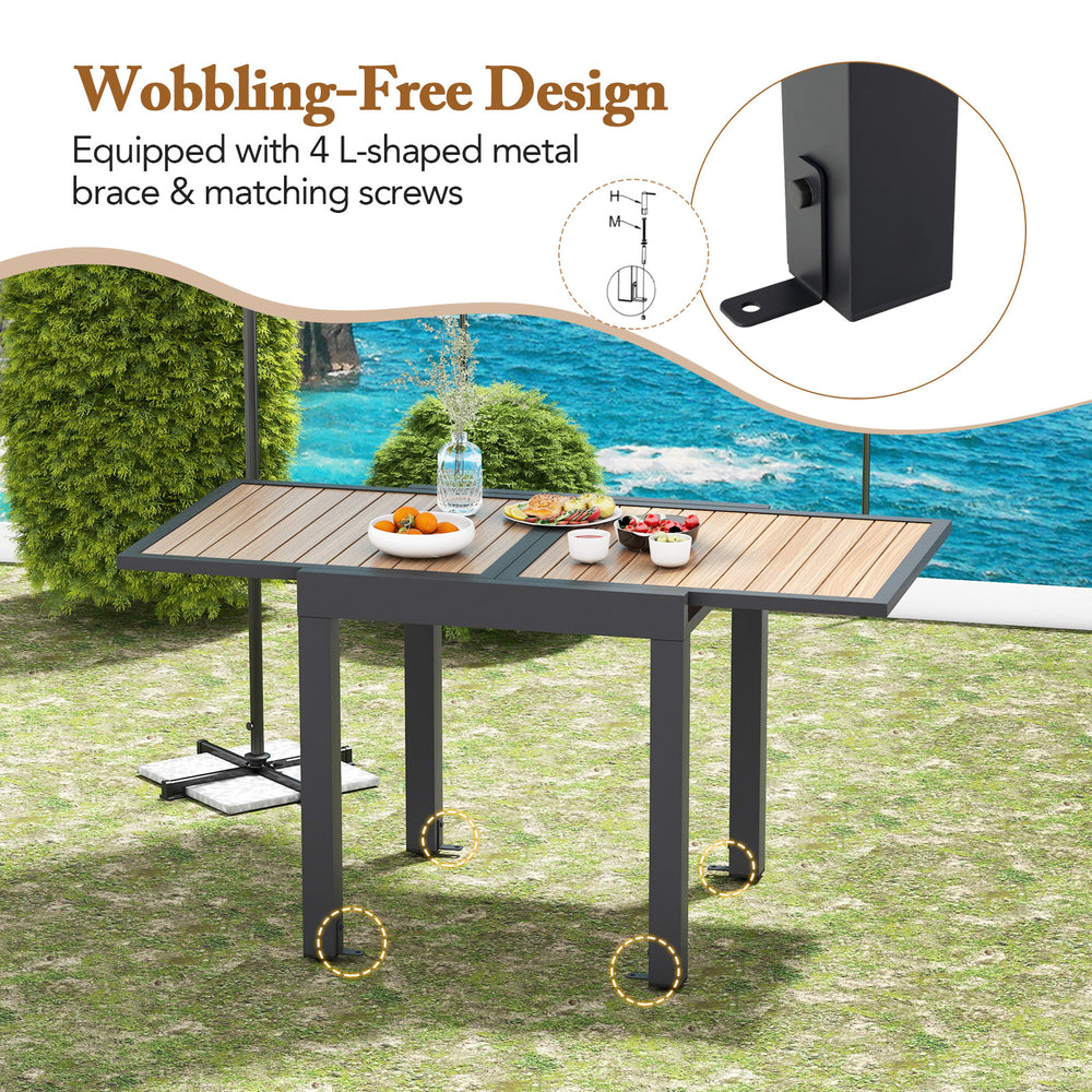 Extendable patio table with slatted wood-like top, 31.5-63 inches, designed for 4-6 people, featuring wobble-free.