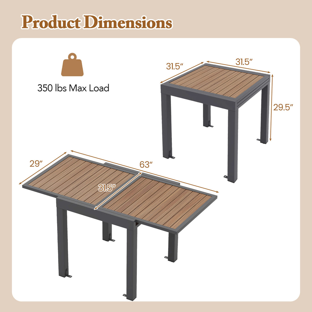 Extendable patio table dimensions showing 31.5-63 inches, designed for 4-6 people with a modern slatted top.