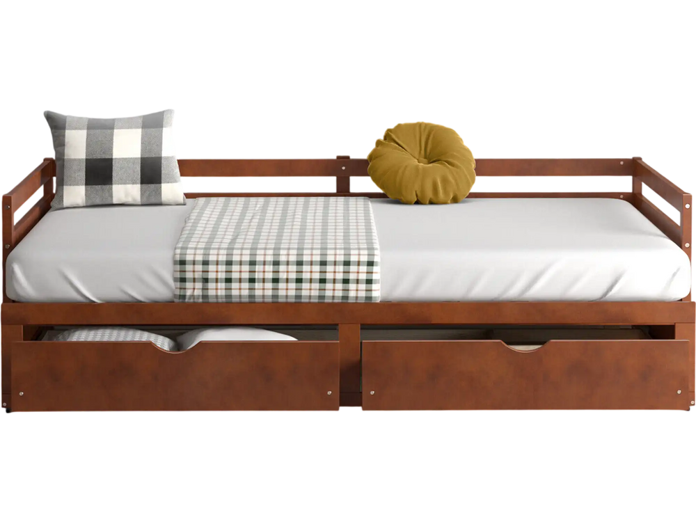Extendable twin to king daybed in brown wood with trundle and storage drawers, ideal for guest sleepovers and modern.