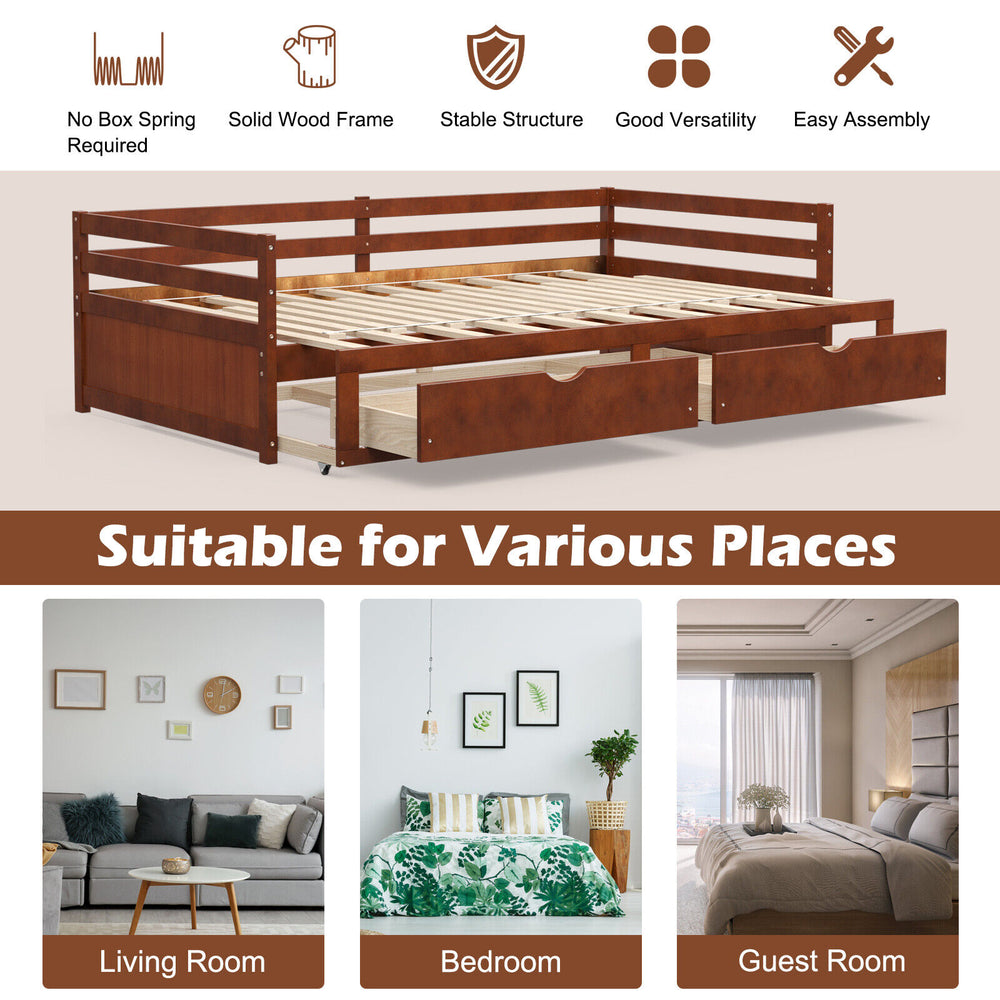 Extendable twin to king daybed with trundle and 2 storage drawers, featuring a sturdy wood frame for versatile use.