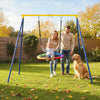Extra large heavy duty A-frame steel swing stand with a family enjoying outdoor playtime in a garden setting.