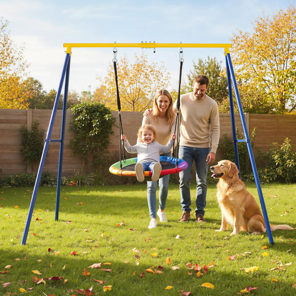 Extra large heavy duty A-frame steel swing stand with a family enjoying outdoor playtime in a garden setting.