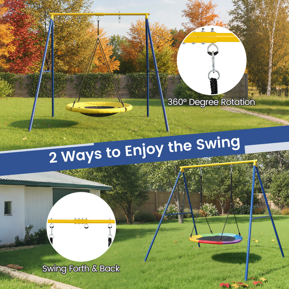 Extra large heavy duty A-frame steel swing stand with 360° rotation, suitable for various swings, perfect for outdoor.