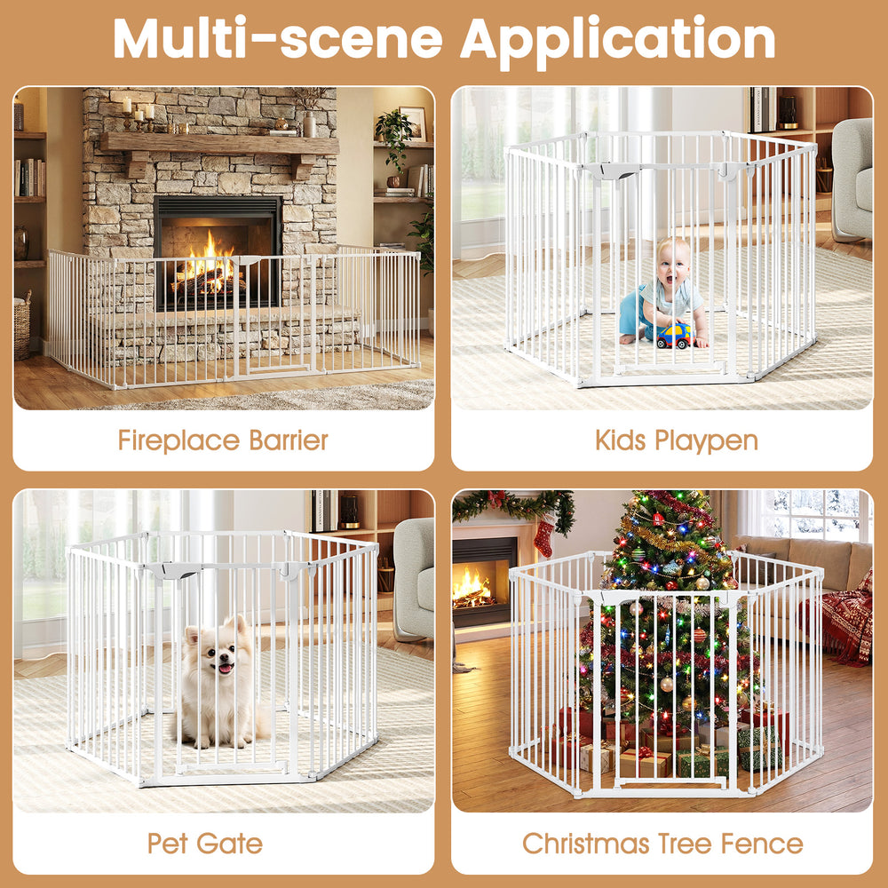 6-panel adjustable baby gate in white, expands 34.5-154", ideal for kids playpen, fireplace barrier, and pet safety.