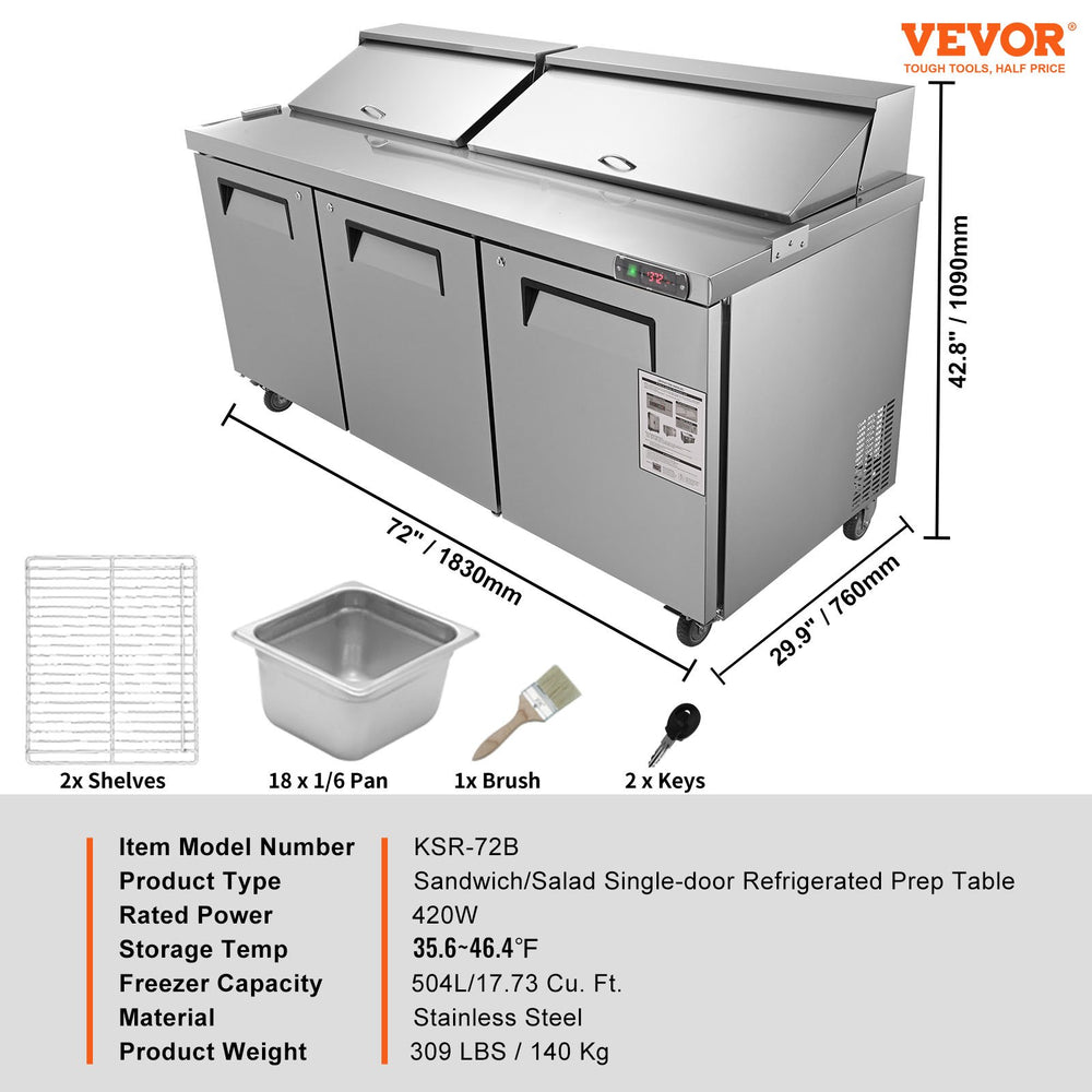 Vevor Refrigerated Prep Table 17.73 Cu. Ft. Commercial 3-Door Food Prep Fridge 72" Stainless Steel New