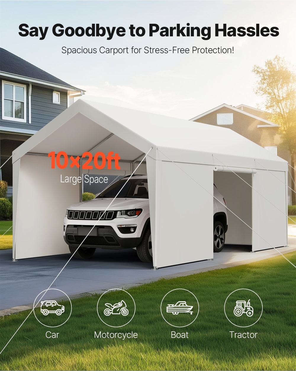 Vevor Carport Canopy 10' x 20' Heavy Duty Waterproof UV Resistant Removable Sidewalls Steel Frame New