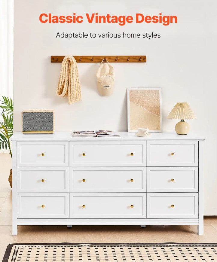 VEVOR 9 Drawer Dresser Wooden Chest of Drawers with Sliding and Anti-tip Device Retro Minimalist Dresser Chest Closet Storage Tv Stand Organizer for