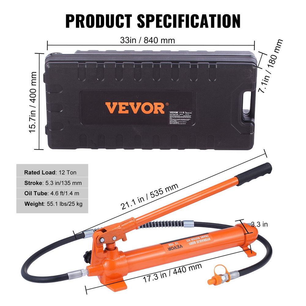 Vevor Hydraulic Ram With Pump Car Jack 12 Ton Porta Power Kit With 4.6 ft Oil Hose And Storage Case New