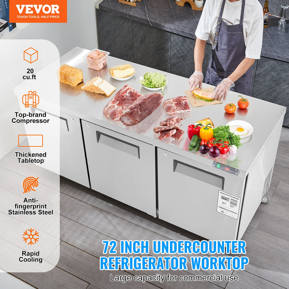 Vevor Refrigerator Prep Table 20 Cu. Ft. Commercial 3-Door 180W 72" Stainless Steel New