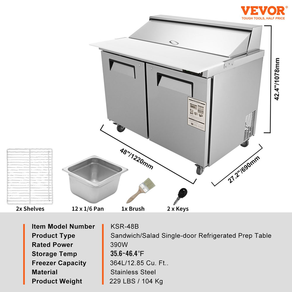 Vevor Refrigerated Prep Table 12.85 Cu. Ft. Commercial 2-Door Food Prep Fridge 48" Stainless Steel New