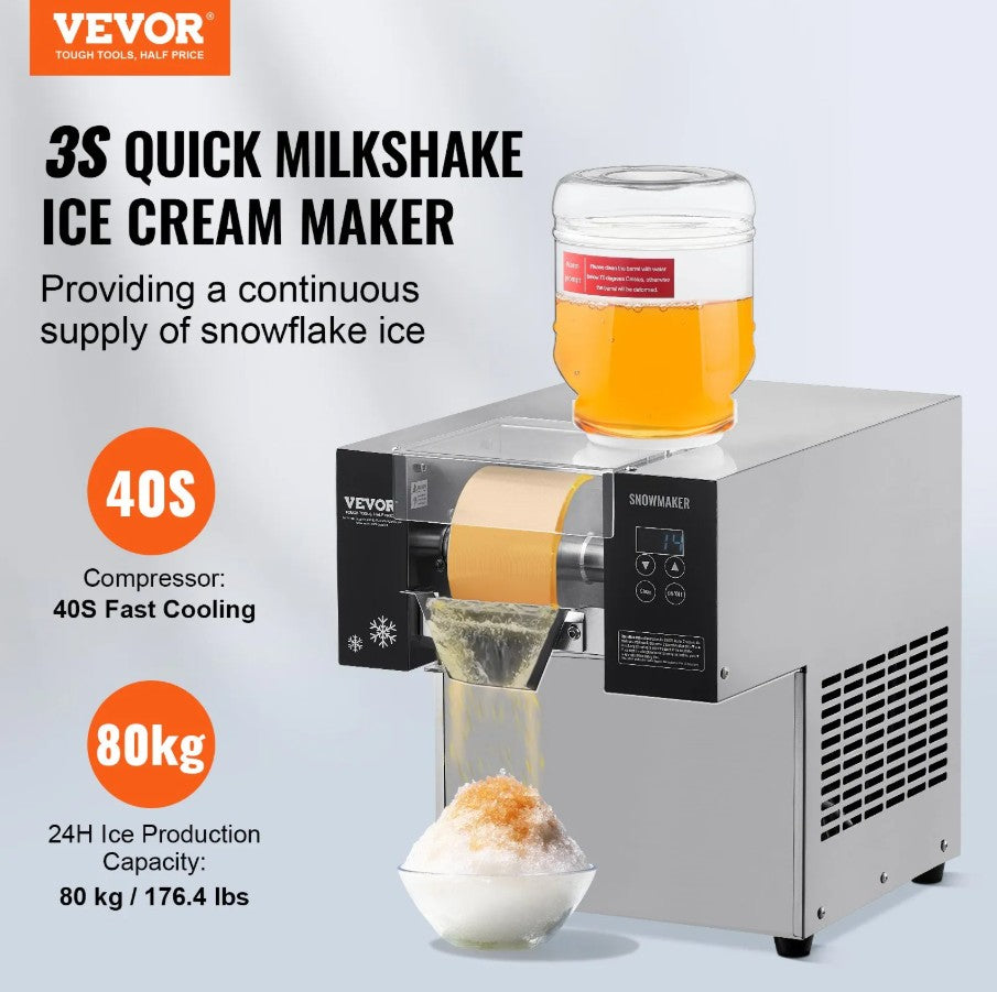Vevor Commercial Snowflake Ice Machine 176 Lbs/Day Stainless Steel Multi-Texture Ice New