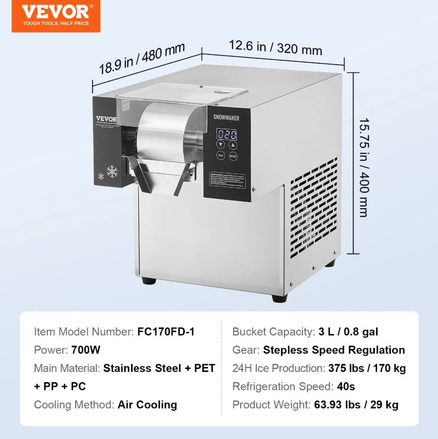 Vevor Commercial Snowflake Ice Machine 375 lbs/Day Stainless Steel Multi-Texture Ice New