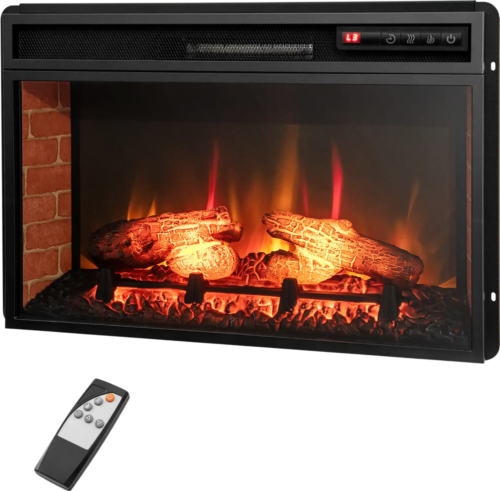 26-inch black infrared electric fireplace insert with remote control, featuring adjustable flame effects for cozy.