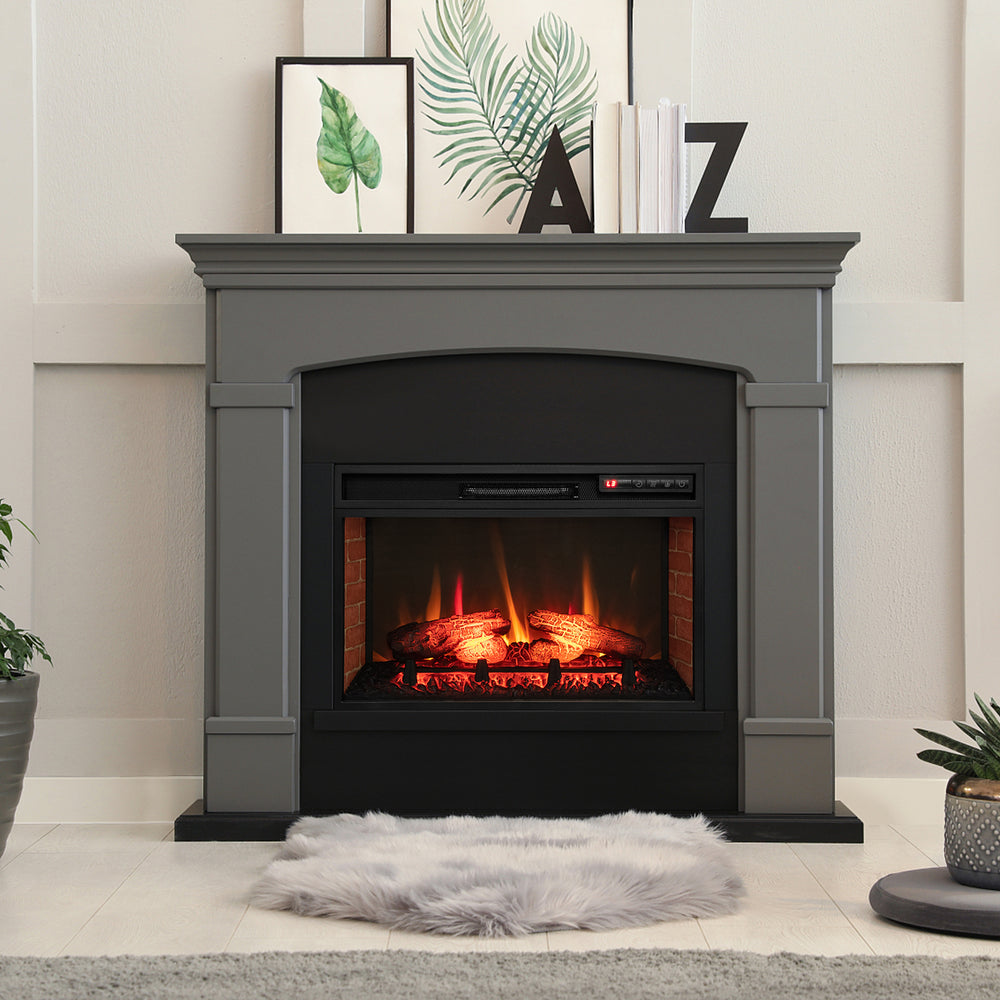 26-inch infrared electric fireplace insert in black with adjustable flame effect, remote control, and stylish mantel.