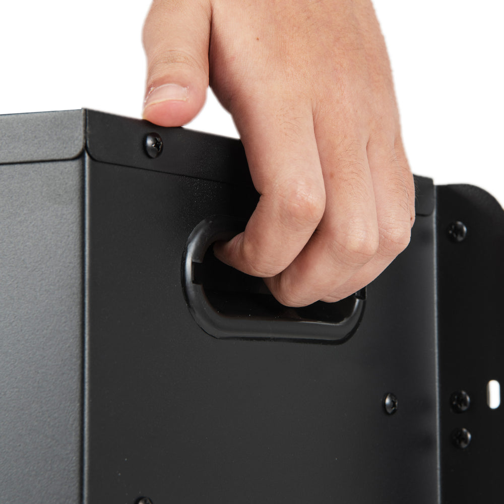 Close-up of the handle on the 26 Inch Infrared Electric Fireplace Insert, featuring a sleek black design for easy.