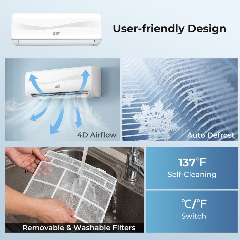 4D airflow mini split air conditioner with self-cleaning filters and auto defrost, ideal for year-round comfort.