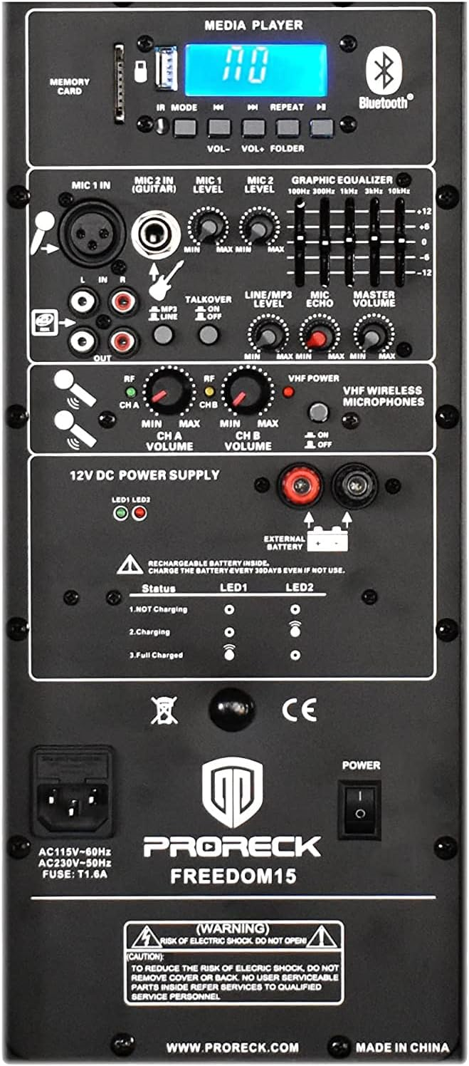 Proreck FREEDOM-15 PA Speaker System 800W 2-Way Rechargeable 15" Subwoofer with Bluetooth and Remote New