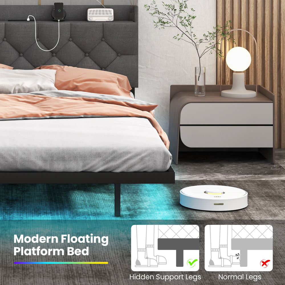 Full/Queen size floating bed frame with LED lights, storage headboard, and hidden legs for a modern bedroom aesthetic.