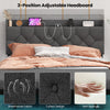 Full/Queen size floating bed frame with adjustable headboard, LED lights, and charging station for modern bedroom.