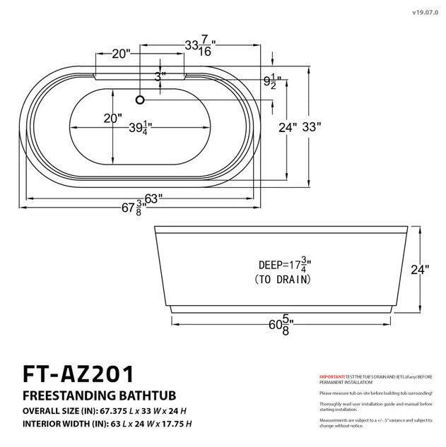 Anzzi FT-AZ201 Sofi Bathtub 67" Freestanding Center Drain Whirlpool and Air Jets New