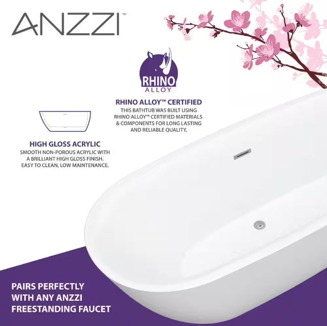 Anzzi FT-AZ401-59 Ami Soaking Bathtub 59" x 30" Freestanding Flat Bottom with Center Drain New