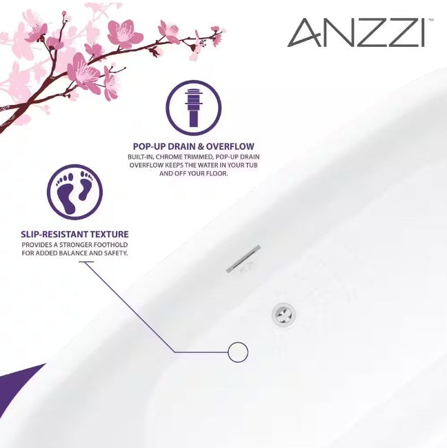 Anzzi FT-AZ401-59 Ami Soaking Bathtub 59" x 30" Freestanding Flat Bottom with Center Drain New