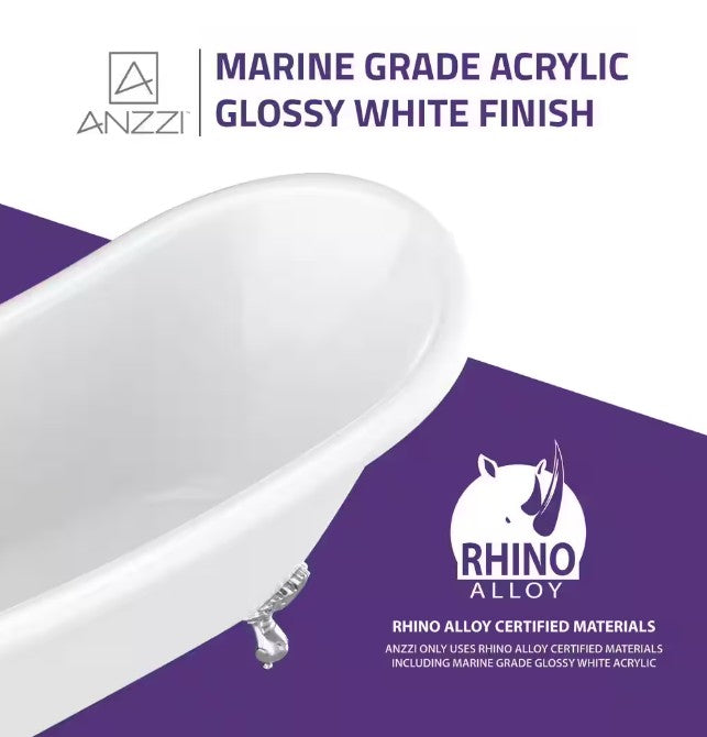Anzzi FT-CF131FAFT-CH Clawfoot Soaking Bathtub 67" x 30" Slipper-Style with Polished Chrome Feet New