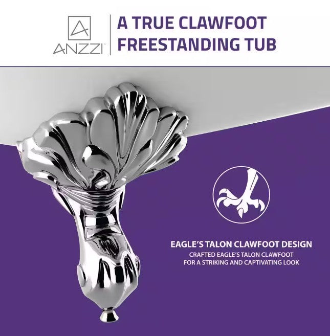 Anzzi FT-CF131FAFT-CH Clawfoot Soaking Bathtub 67" x 30" Slipper-Style with Polished Chrome Feet New