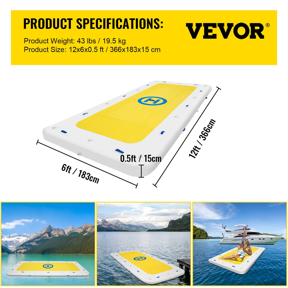 Vevor Inflatable Floating Dock 12' x 6' Platform 6" Thick 3-5 People New