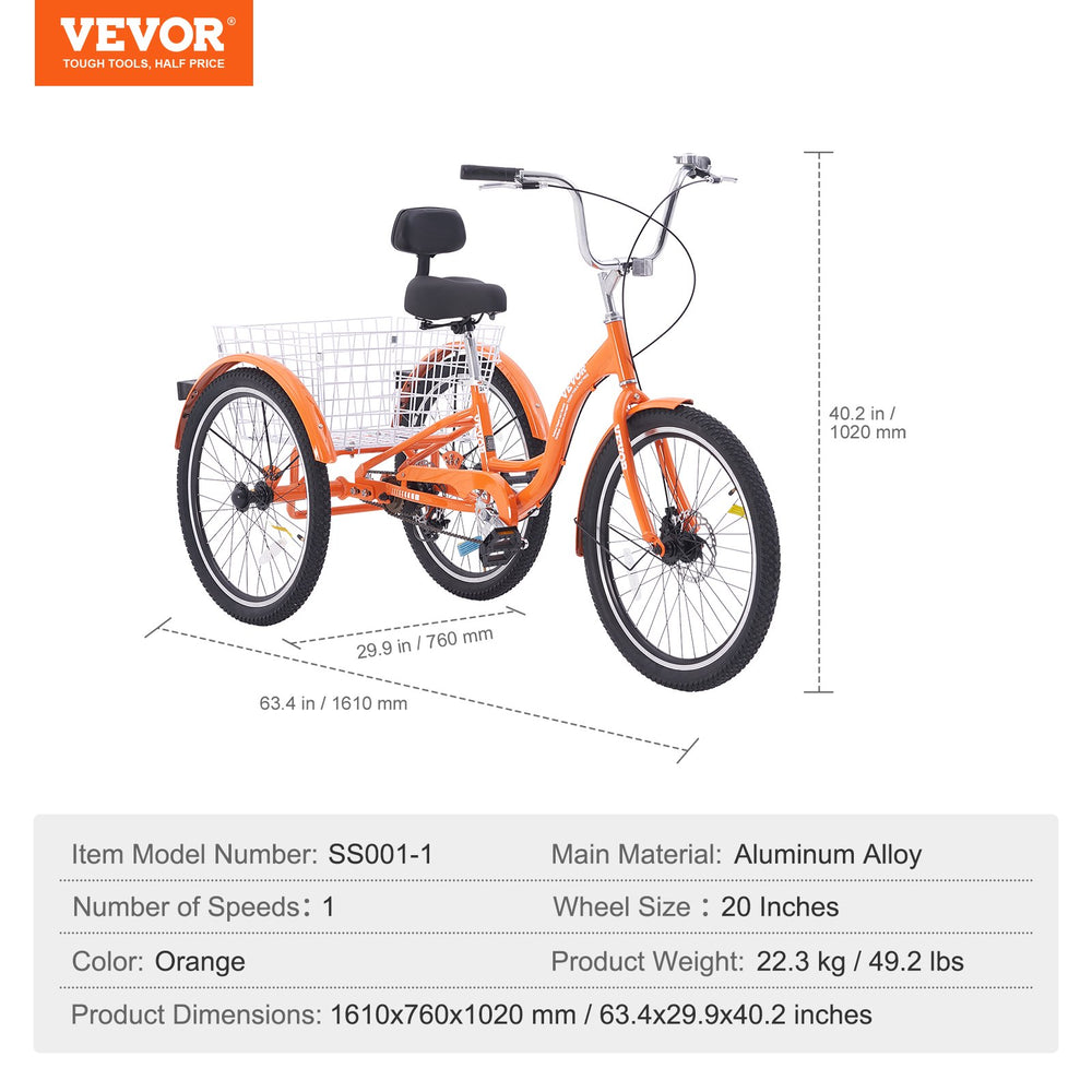 Vevor Adult Tricycle 20" 1-Speed Aluminum Alloy Cruiser with Backrest Seat Cushion and Basket New