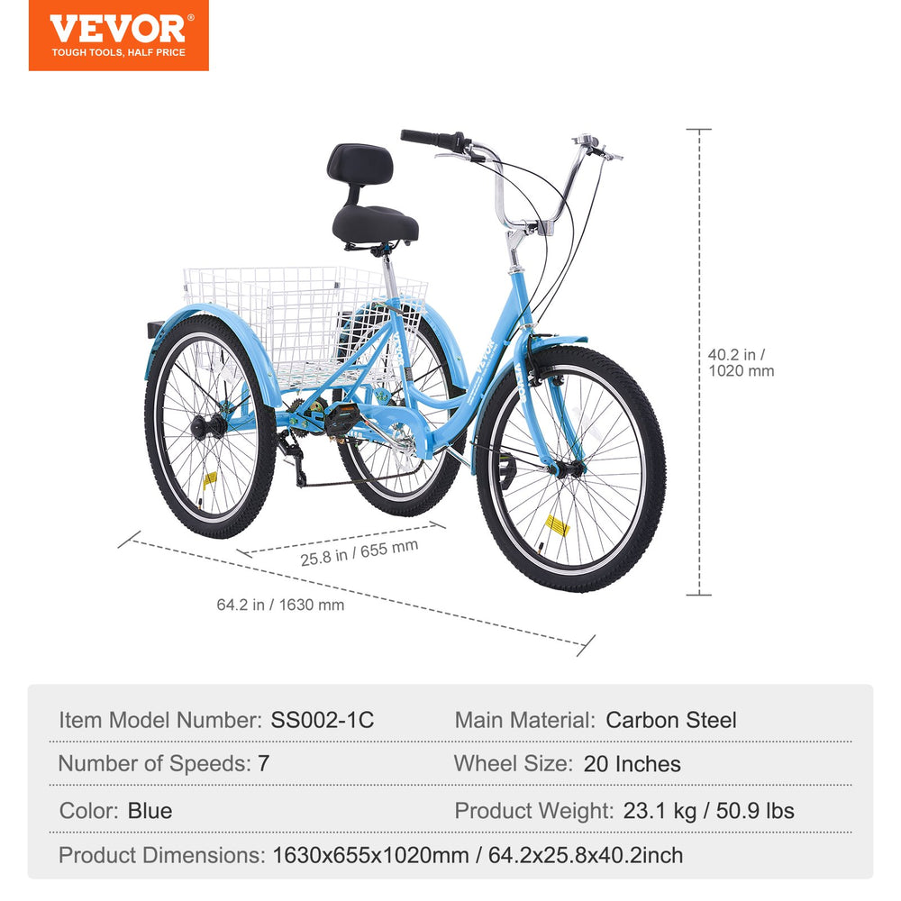 Vevor Adult Tricycle 20" 7-Speed Carbon Steel Cruiser with Backrest Seat Cushion and Basket New