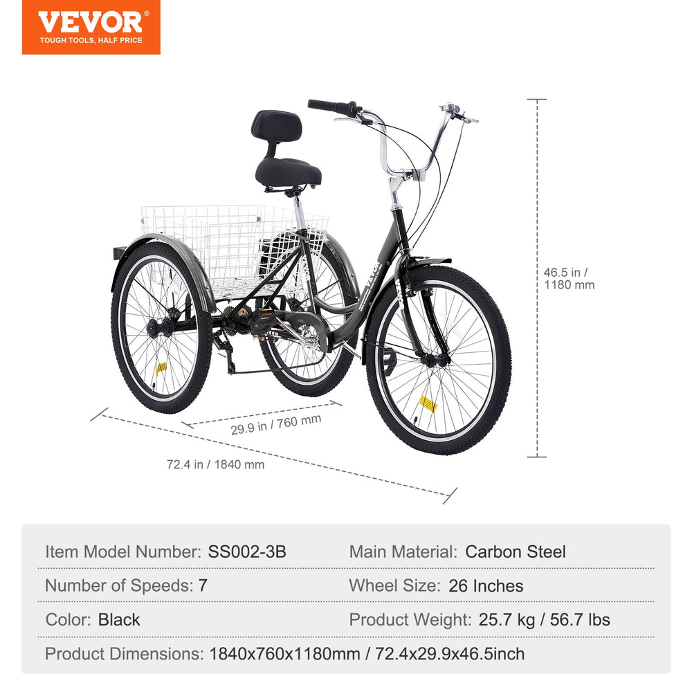 Vevor Adult Tricycle 26" 7-Speed Carbon Steel Cruiser with Backrest Seat Cushion and Basket New