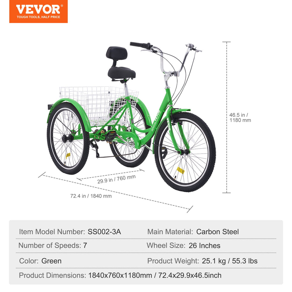 Vevor Adult Tricycle 26" 7-Speed Carbon Steel Cruiser with Backrest Seat Cushion and Basket New