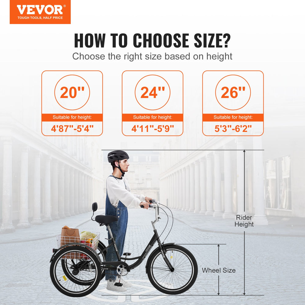 Vevor Adult Tricycle 20" 1-Speed Carbon Steel Cruiser with Backrest Seat Cushion and Basket New