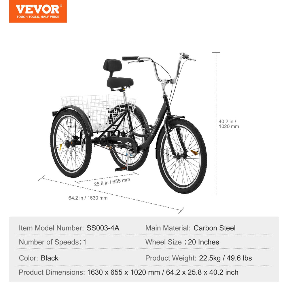 Vevor Adult Tricycle 20" 1-Speed Carbon Steel Cruiser with Backrest Seat Cushion and Basket New