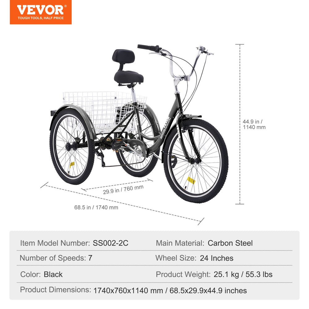 Vevor Adult Tricycle 24" 7-Speed Carbon Steel Cruiser with Backrest Seat Cushion and Basket New