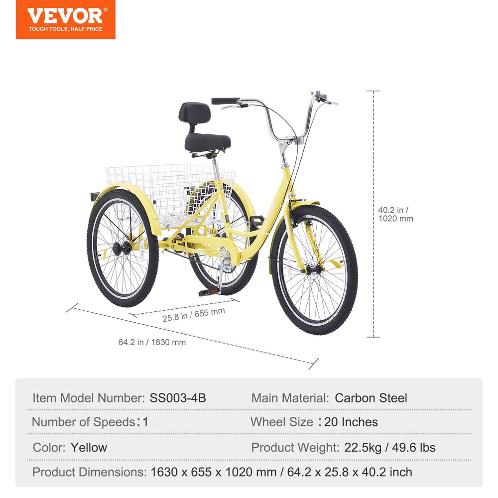 Vevor Adult Tricycle 20" 1-Speed Carbon Steel Cruiser with Backrest Seat Cushion and Basket New