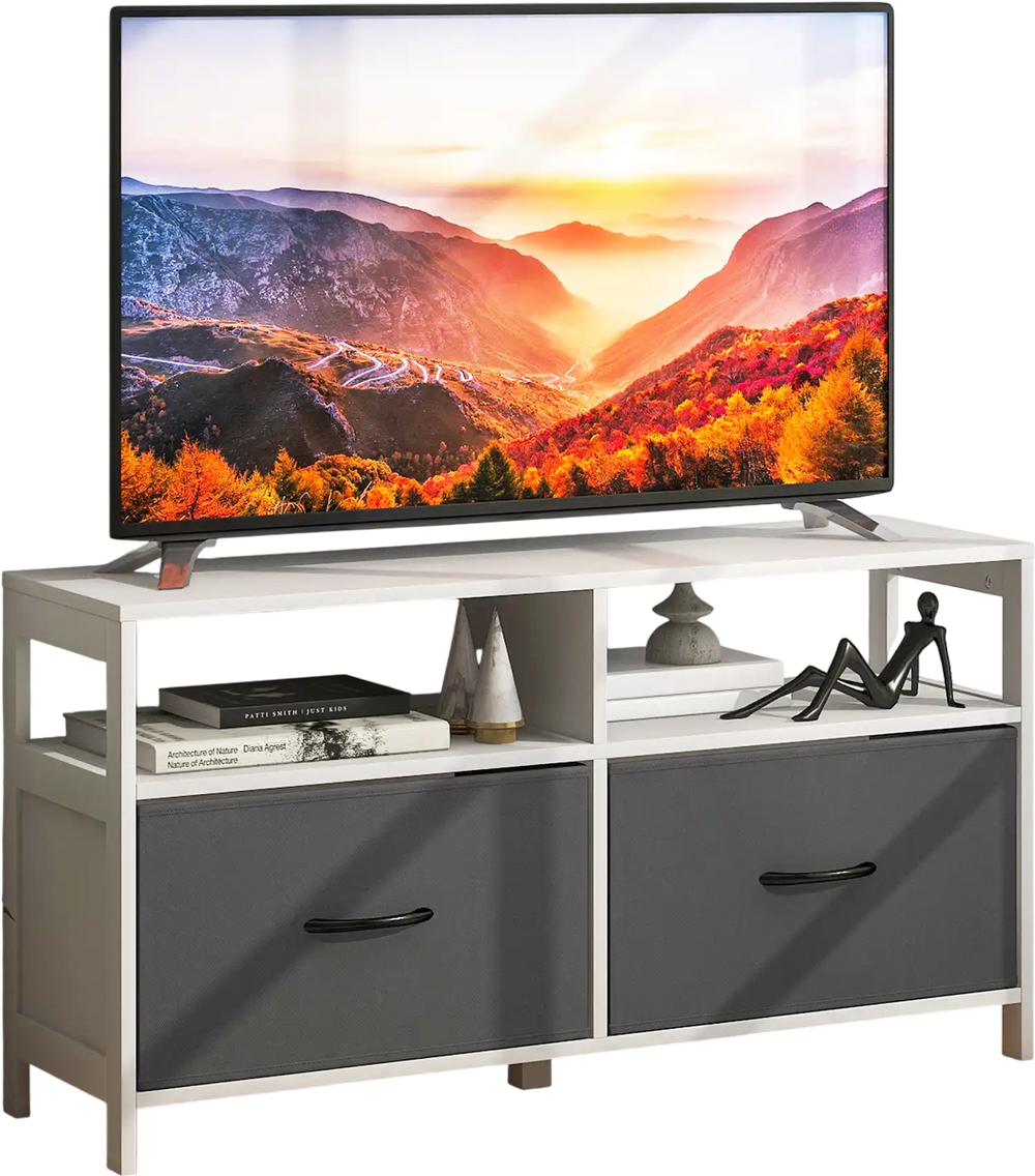 Fabric chest of drawers in white with 2 fabric drawers and 2 open shelves, ideal for living room or bedroom storage.