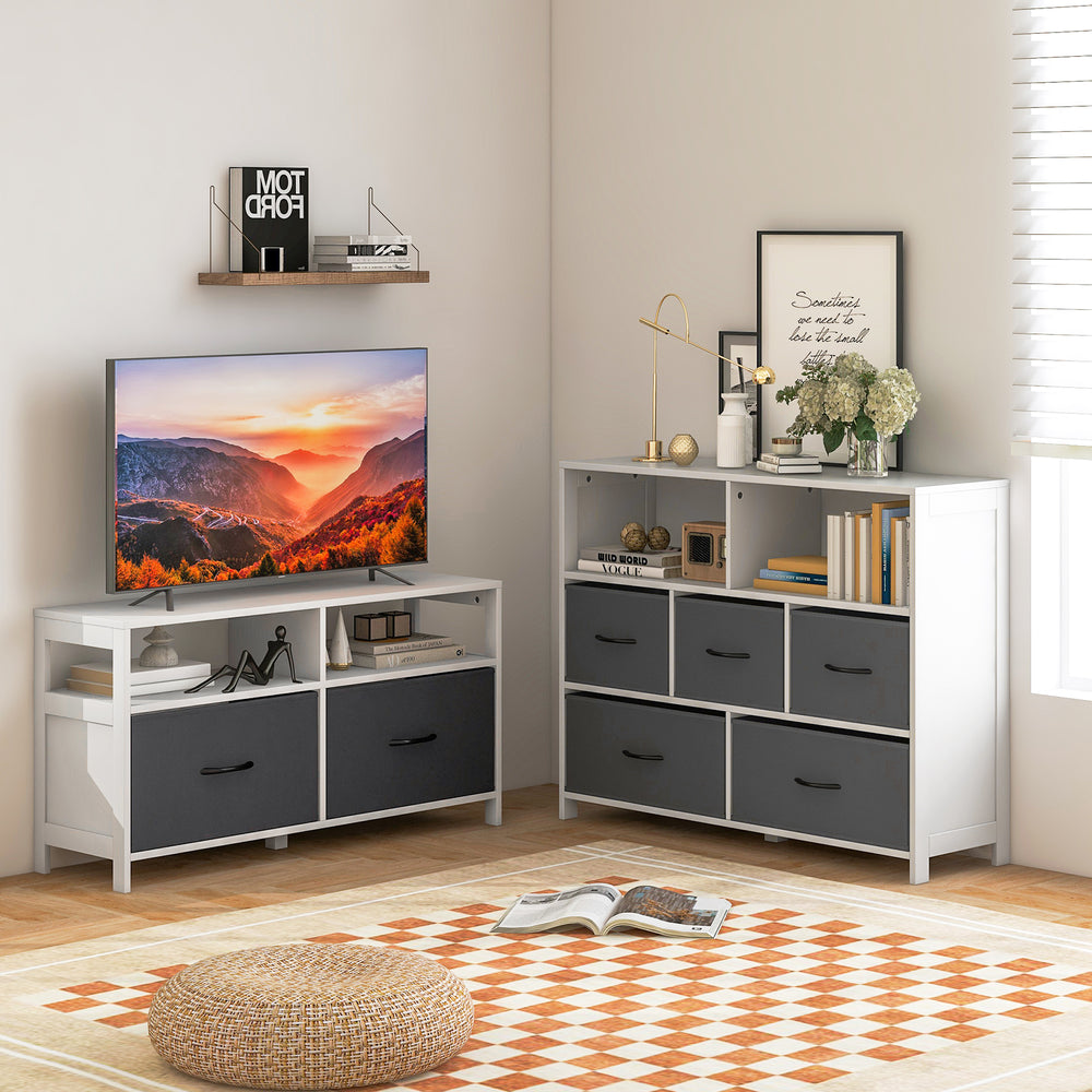 Fabric chest of drawers in white with 2 drawers and 2 open shelves, ideal for living room or bedroom storage.