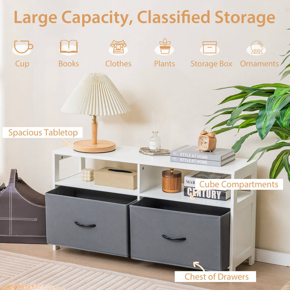 Fabric chest of drawers in white with 2 large drawers and 2 open shelves, perfect for stylish storage in any room.
