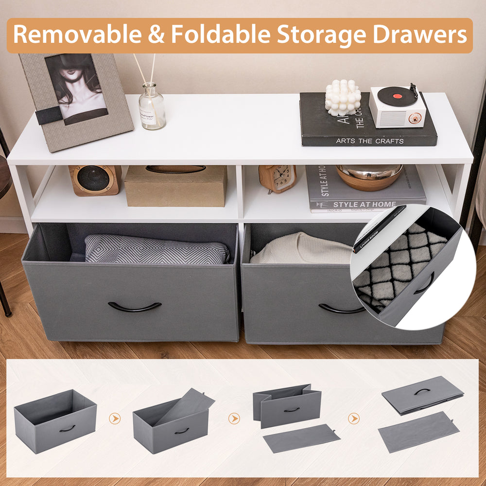 Fabric chest of drawers in white featuring 2 foldable storage drawers and 2 open shelves, ideal for versatile home use.