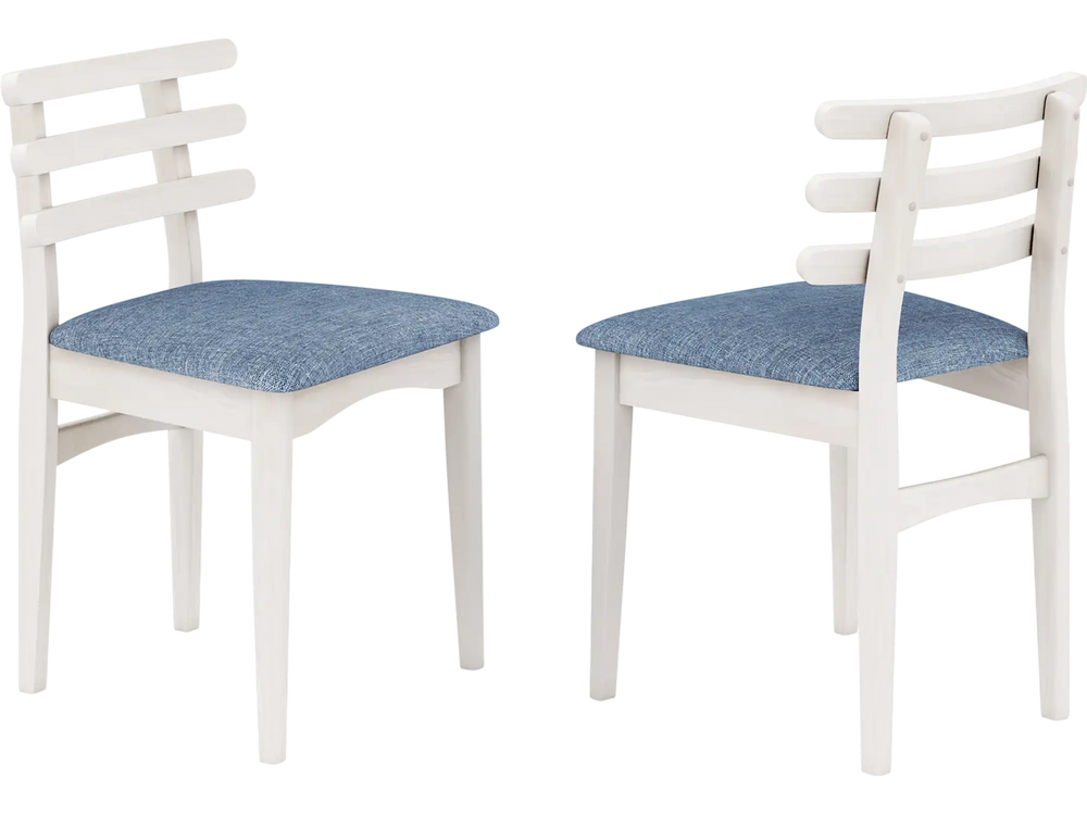 Two fabric kitchen side chairs with rubber wood frames and padded seats, featuring ergonomic ladder backrests for.