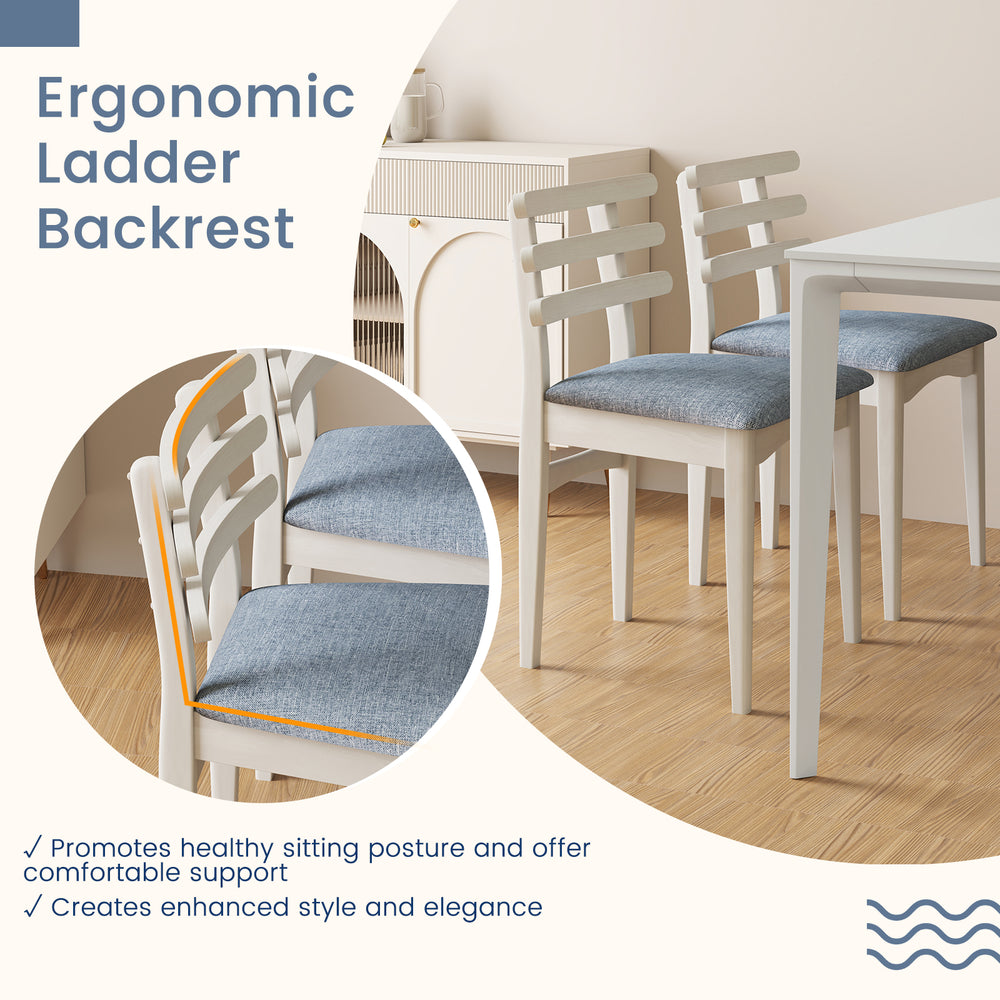 White fabric kitchen side chairs with ergonomic ladder backrest and padded seat, ideal for dining and study spaces.