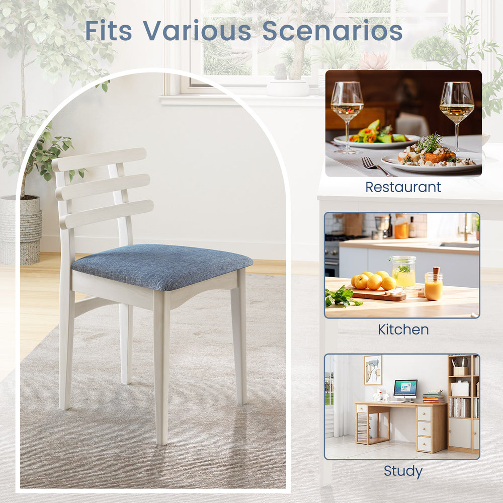 White fabric kitchen side chair with rubber wood frame and padded seat, ideal for restaurant, kitchen, or study use.