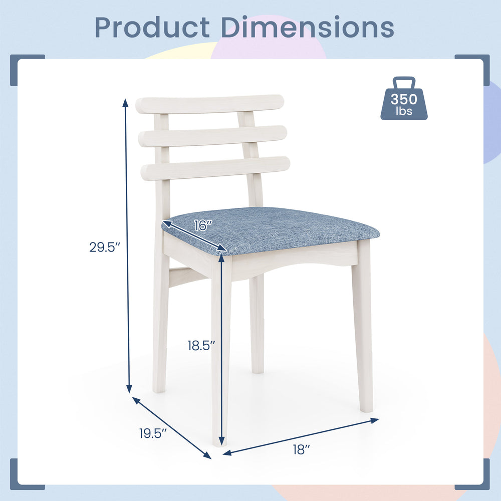 White kitchen side chair with rubber wood frame, padded polyester seat, and ergonomic ladder backrest for comfort.